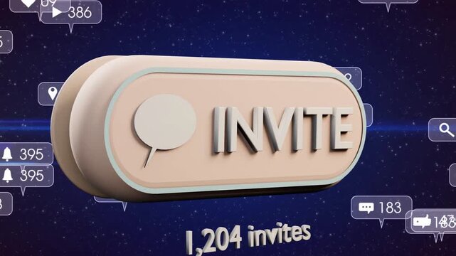 3D INVITE button floating on stars, bubbles gathering, cursor clicking causing glow, updating count