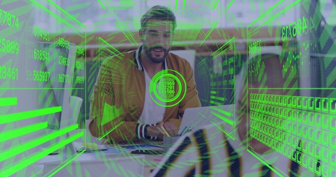 As green HUD sweeping monitors man in brown jacket typing looking up gesturing laughing in business