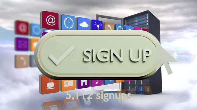 3D SIGN UP button reacting to hovering cursor, growing, blurring, updating signups to record signup