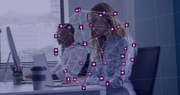 On start overlay appearing as two coworkers typing, purple nodes growing, visualizing network