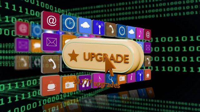 Gold UPGRADE button pulsing and updating counter, orange cursor clicking to increase upgrades