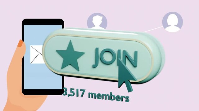 JOIN button flying in from right centering, cursor clicking, count rising to 3,518 for joining