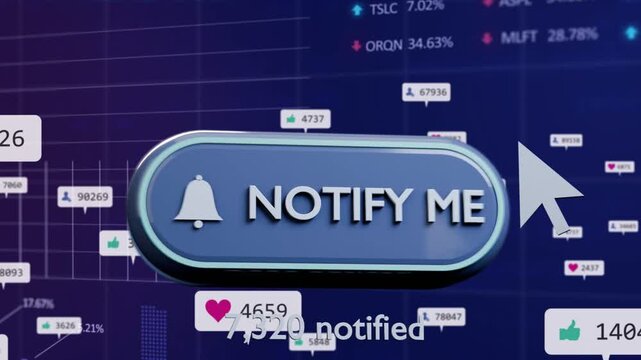 NOTIFY ME button pulsing, cursor entering and clicking, count increasing to 7,321 for notifying