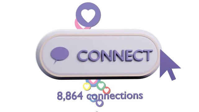 Purple cursor hovering then clicking CONNECT button, causing hearts rising and adding connection