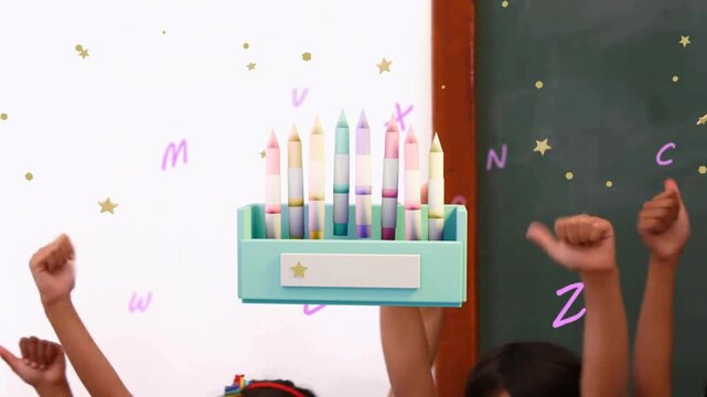 Kids raising thumbsup causing teal box rising and filling with pastel crayons, stars celebrating