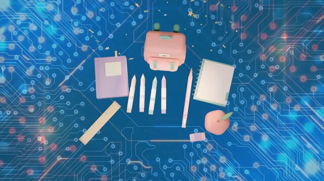 Backpack dropping from top, stationery settling into neat flatlay on blue circuit to showcase tools