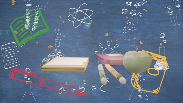 Chalkboard sketches popping 3D objects moving book falling notes lining apple settling forming grid