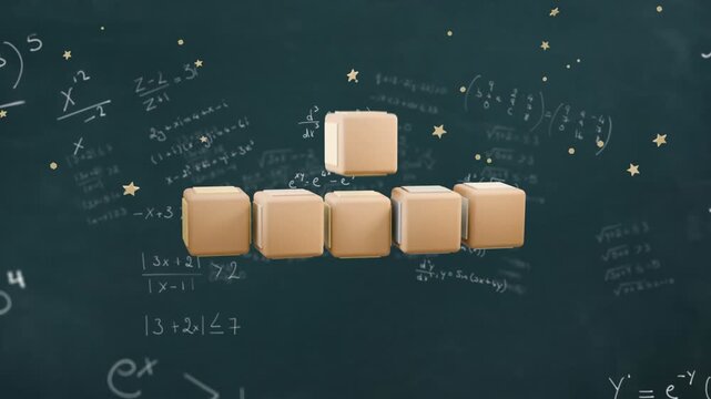 Chalkboard cue sending beige cubes dropping, aligning, pencil sliding under blocks, teaching math