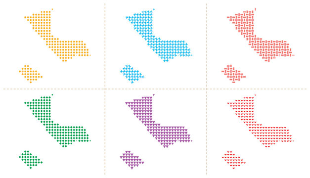 Abstract archipelago map collection featuring colorful mosaic vector illustration set design.