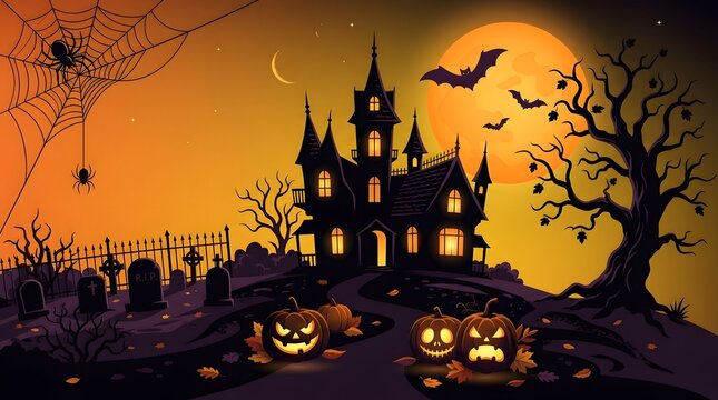 Spooky halloween scene haunted castle jack o' lanterns bats and cobwebs under a full moon perfect for holiday designs