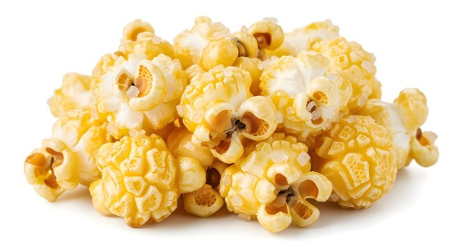 A creatively enhanced rephrasing of hyper-realistic popcorn cluster with airy shape and buttery highlights, isolated white, depicted with richer detail and a more artistic presentation.
