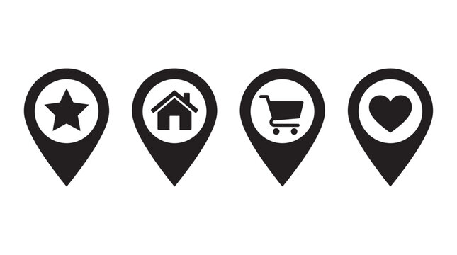 Location Icons Featuring Star House Cart And Heart Black Silhouette