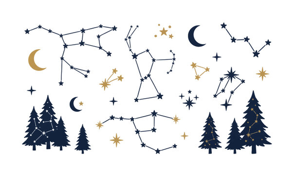 Collection of stars and Constellations in Night Sky.