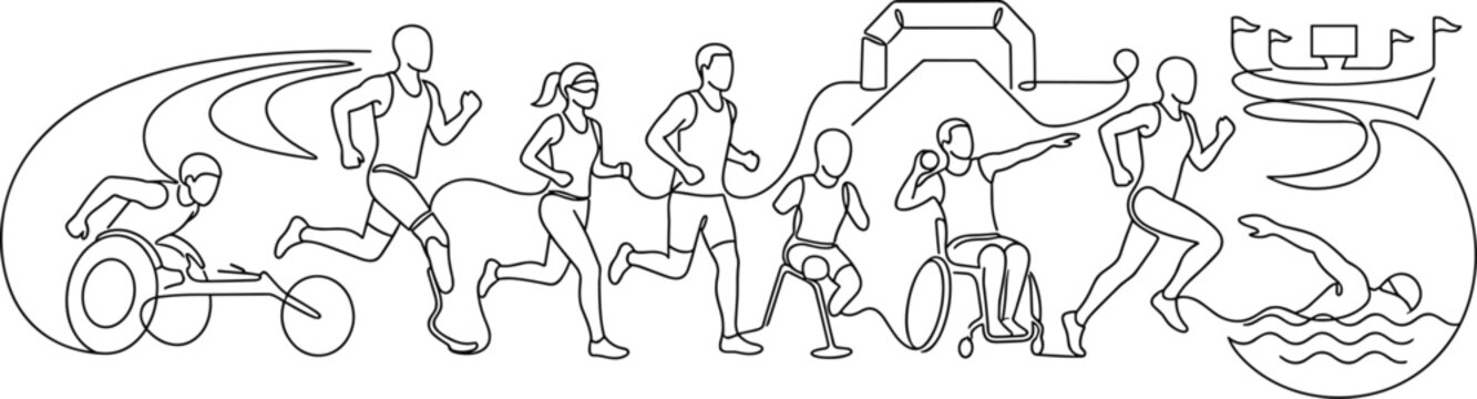 Inclusive Sports Athletes Participating in Various Paralympic and Olympic Events Line Art Illustration.