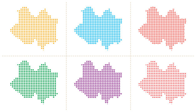 Set of six maps of regions rendered with different geometric patterns vector illustration.