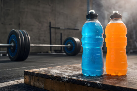 Blue and orange sports drink bottles on wooden platform in gym with barbell