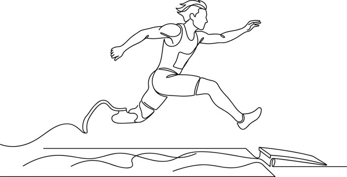 Continuous line drawing of a disabled athlete performing a long jump.