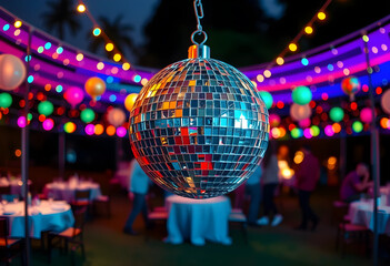 Fototapeta premium disco ball hanging at colorful outdoor party