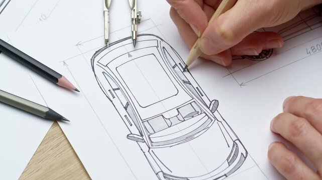 Hands of engineer sketching automotive vehicle prototype with pencil on paper at desk. Industrial designer developing new car blueprint drafts near measuring tools and rulers.