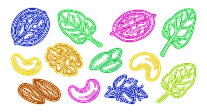 A clearer, modern reinterpretation of nuts, seeds, spinach in cyber neon outline style, isolated on pure white, no shadows, styled for visual appeal.