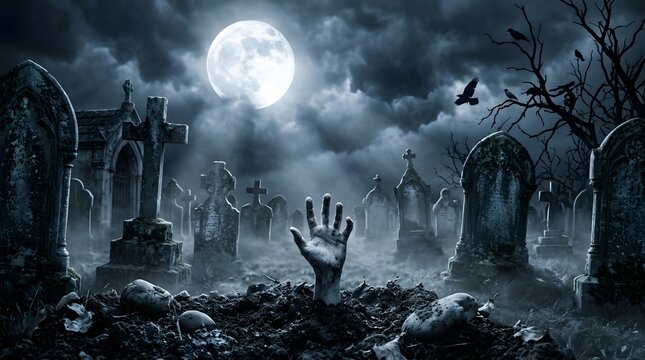 Spooky halloween graveyard scene with full moon eerie tombstones and reaching hand for horror decorations