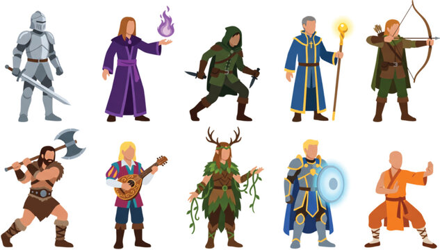 Diverse Fantasy RPG Character Classes Vector Illustration Set
