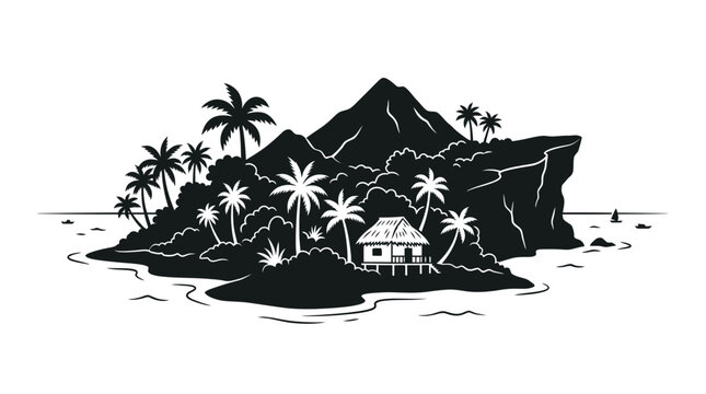 Tropical island silhouette with palm trees and thatched roof hut black on white