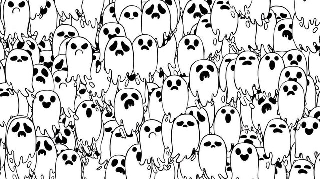 Seamless looping 2D cartoon animation pattern with hand-drawn crowd of ghosts floating in the air with various expressions. Perfect for festive promotions, event invitations, or as dynamic background.