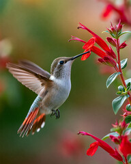 Obraz premium Vibrant Hummingbird in Monochrome Close-up: Colorful Bird Pollinating Red Flowers in Summer Garden Macro Photography