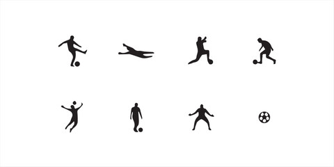 Soccer player silhouettes set, professional football athlete action poses vector, goalkeeper and striker figures for sports graphic design © Topu