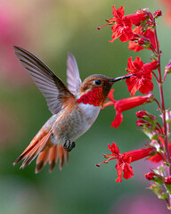 Obraz premium Vibrant Hummingbird Drinking Nectar from Red Blooming Flower in Beautiful Natural Habitat - Stunning Wildlife and Nature Photography