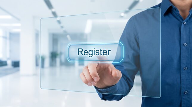 Register button on virtual screen, businessman touching digital registration interface, online signup concept for web services and membership