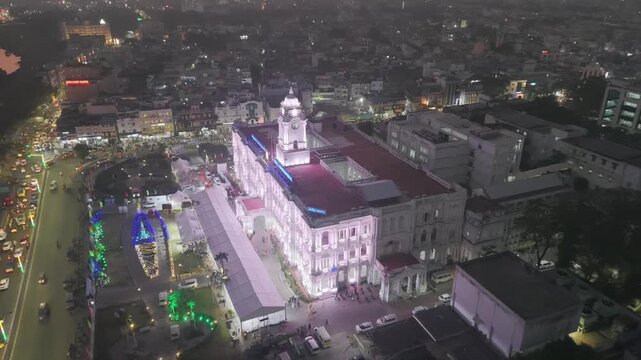 lluminated Ripon Building in Chennai captured by drone