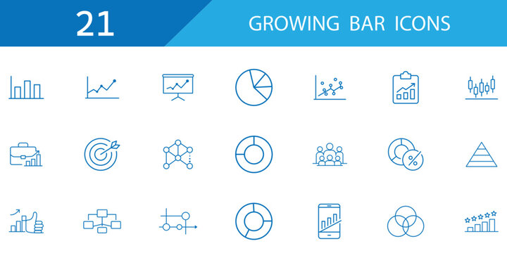 21 Growing bar graph icon set. business and finance outline icon set. thin line growing bar graph, statistics presentation, points connected chart. Editable vector. eps 10