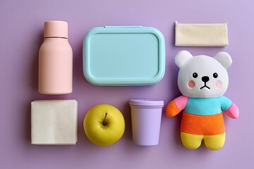 Obraz premium Kids wellness essentials flat lay with lunchbox fruit water bottle tissue and soft toy