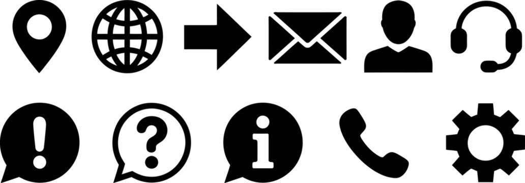 Ten black and white for communication contact and information services on a white backgroundicon set,