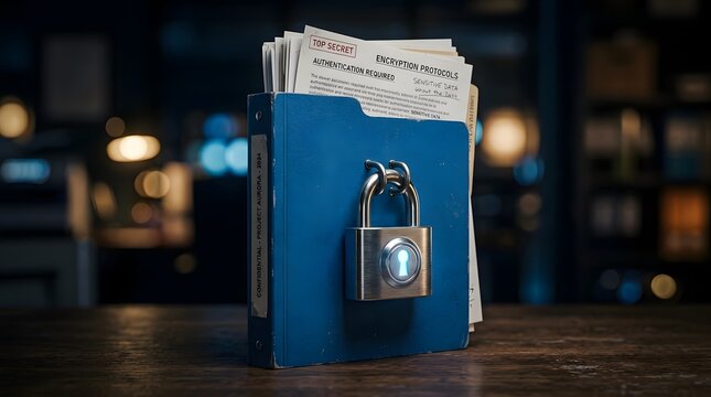 Secure document storage concept with padlock on archive box in dim office