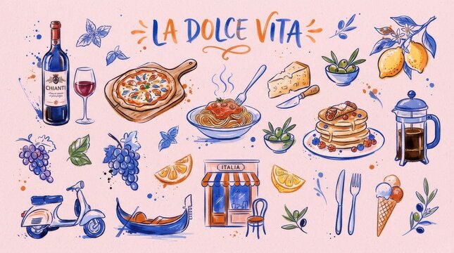 La dolce vita italian food and culture illustration set