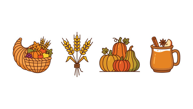Thanksgiving icons with cornucopia pumpkins and autumn leaves