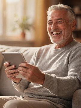 Happy senior man with gray hair laughing while using a digital tablet at home, sitting comfortably on a sofa in a bright living room