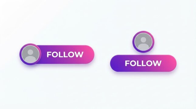 Set of follow buttons with user profile icons, gradient design, isolated on white background