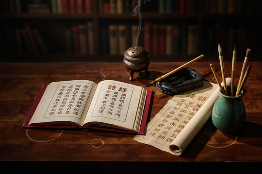 Elegant still life for teachers day china antique books inkwell and quill celebrating education