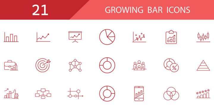 21 Growing bar graph icon set. business and finance outline icon set. thin line growing bar graph, statistics presentation, points connected chart. Editable vector. eps 10