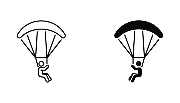Paragliding vector icon isolated on white Black and white outline line art and solid glyph silhouette