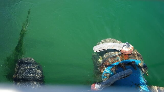 Industrial seawater pumping system for water circulation. Marine biofouling on seawater pipeline. Minimal. Copy space.