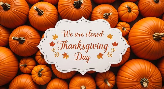Thanksgiving closure announcement with abundant orange pumpkins