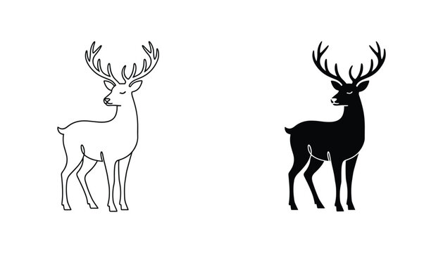 Deer vector icon isolated on white Black and white outline line art and solid glyph silhouette