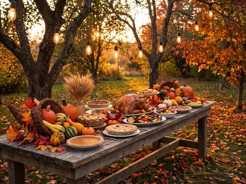 Thanksgiving feast set on a rustic wooden table outdoors under string lights.