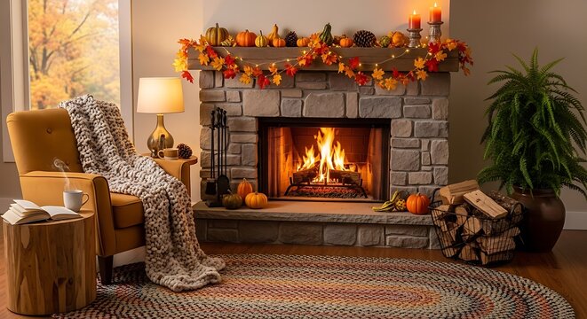 Modern Marble Fireplace with Burning Fire Logs Creating Cozy Warm Living Room Interior for Winter Holiday Home Comfort