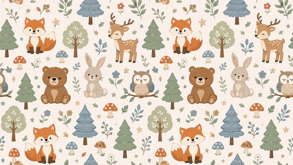 Fototapeta premium Seamless Cute Woodland Animals Pattern with Fox Deer Bear Rabbit and Owl